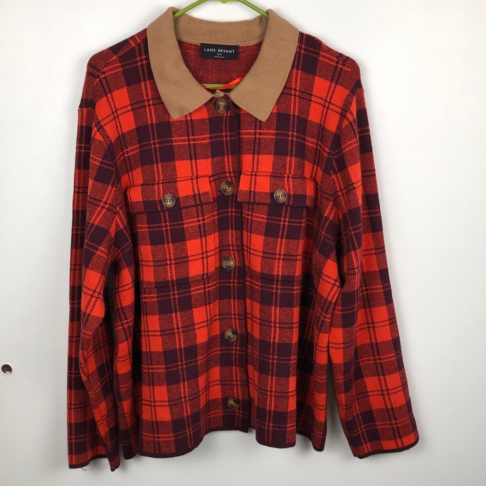 Lane Bryant Plaid Button-Front Sweater Jacket with Tan Collar Size 18/20
